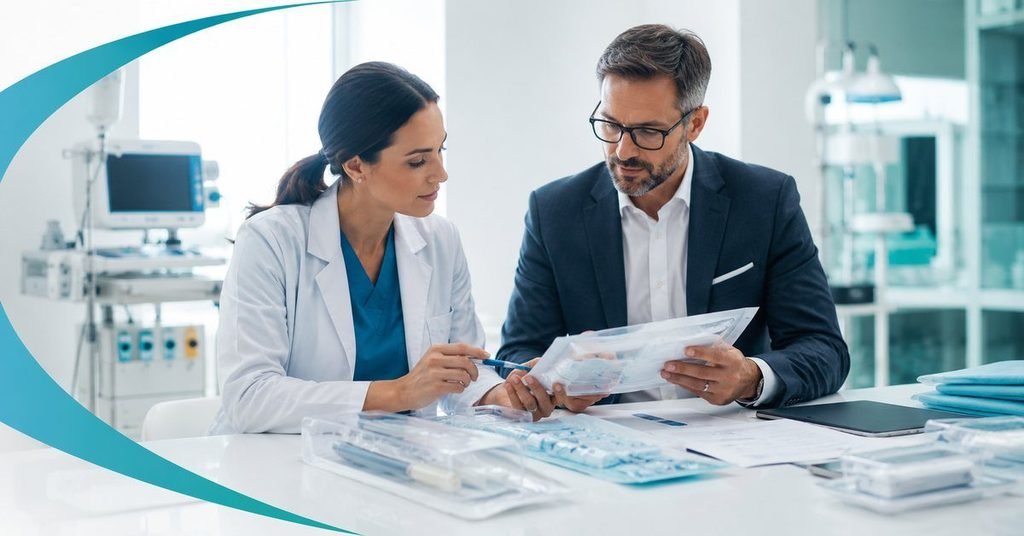 Healthcare procurement professionals reviewing medical devices